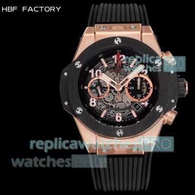 HBF Swiss Copy Hublot Big Bang Unico Skeleton 45mm Rose Gold Men's Rubber Strap Watch 
